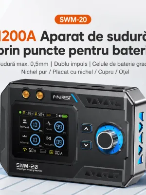 Aparat de sudură în puncte FNIRSI SWM-20, 5000mAh, 1200A, Power Bank, Grosime sudura banda nichel 0.1‒0.5 mm